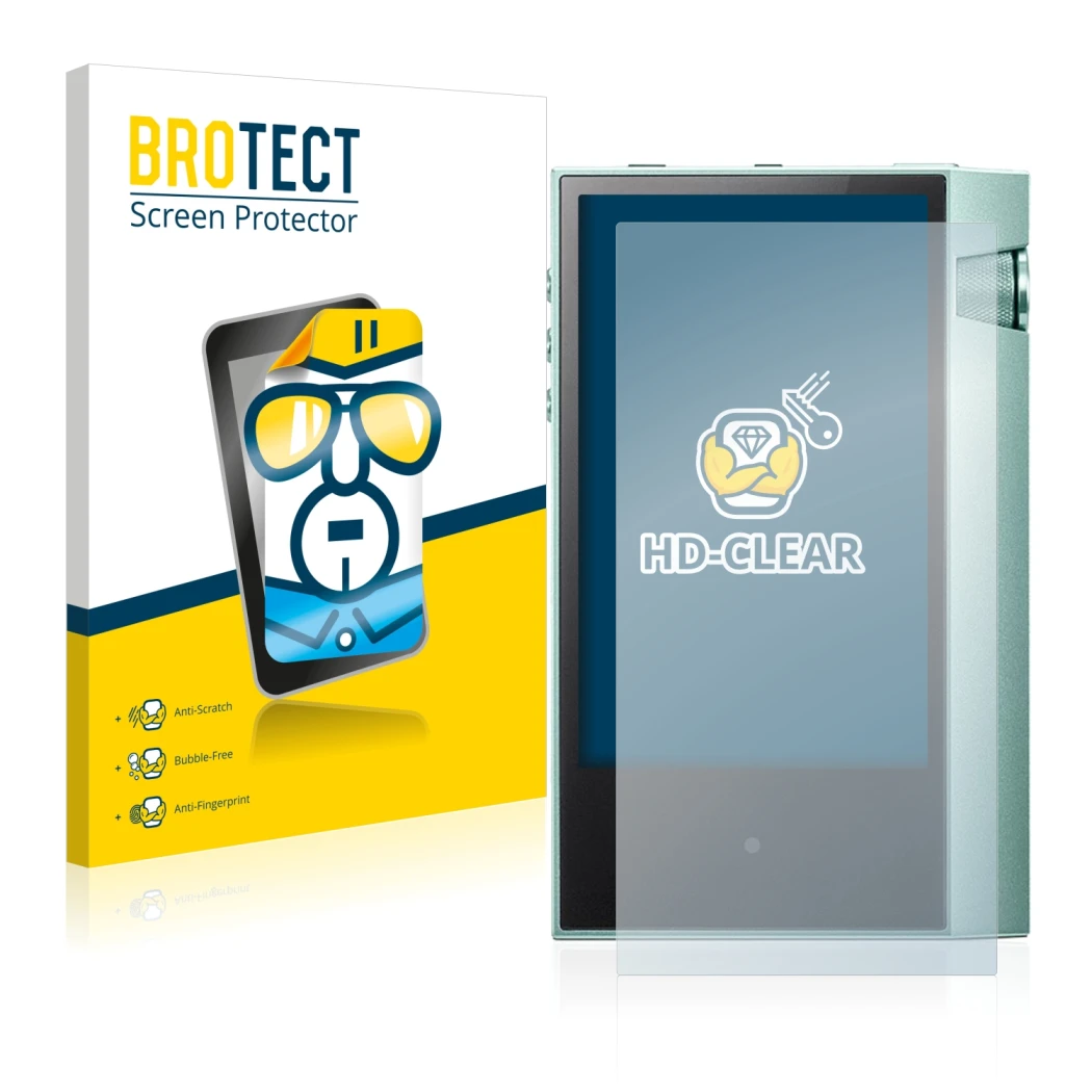 Parte frontale di una confezione del prodotto con il logo del marchio BROTECT. Accanto è raffigurato il dispositivo Astell&Ker