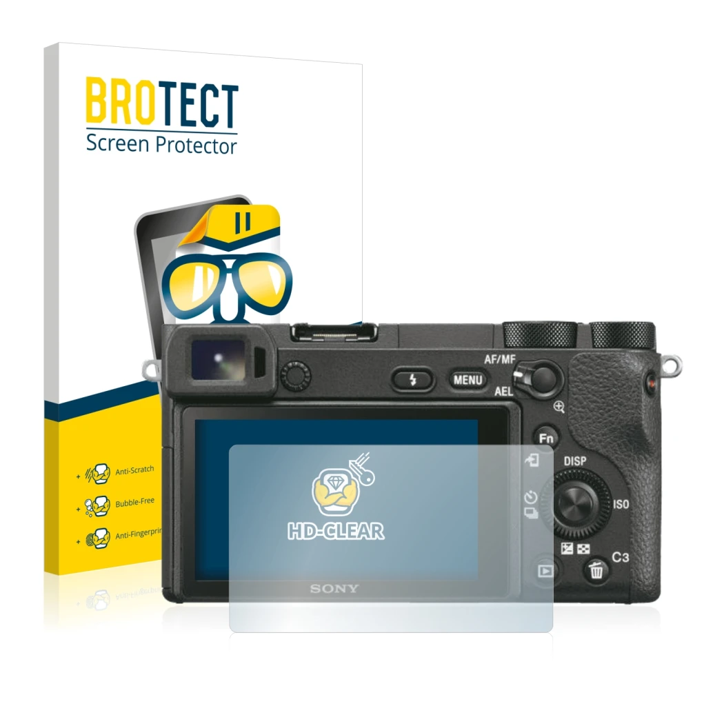 Parte frontale di una confezione del prodotto con il logo del marchio BROTECT. Accanto è raffigurato il dispositivo Sony Alpha