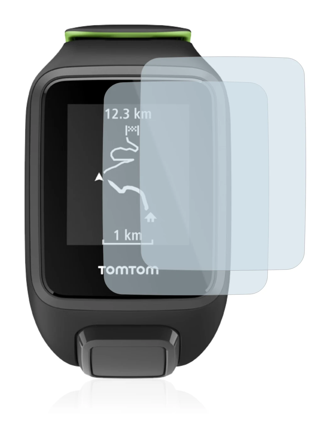 Immagine del dispositivo TomTom Runner 3 con un'ampia varietà di protezioni per lo schermo.