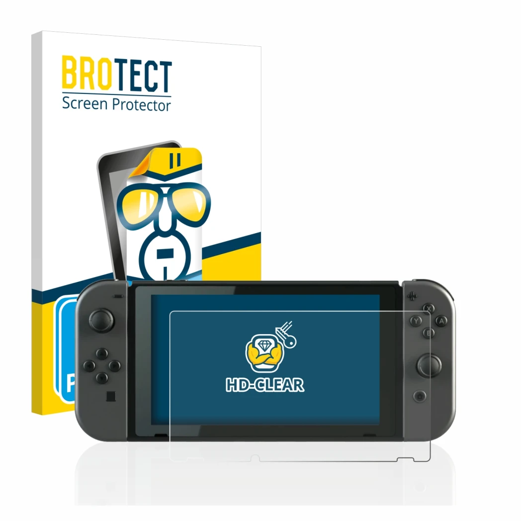 Parte frontale di una confezione del prodotto con il logo del marchio BROTECT. Accanto è raffigurato il dispositivo Nintendo S