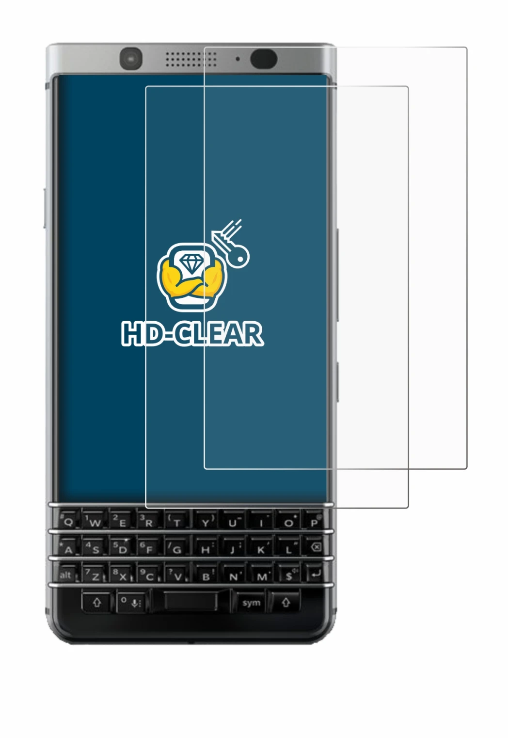 Immagine del dispositivo BlackBerry Keyone con un'ampia varietà di protezioni per lo schermo.