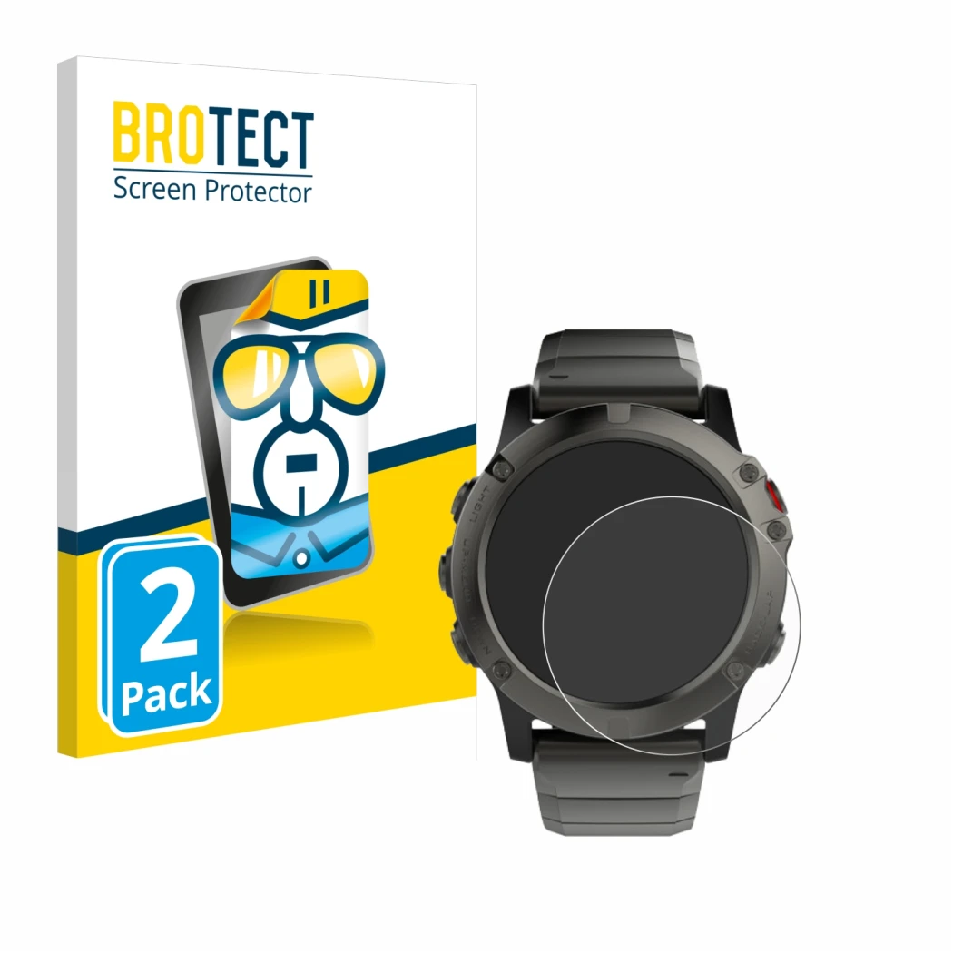 Parte frontale di una confezione del prodotto con il logo del marchio BROTECT. Accanto è raffigurato il dispositivo Garmin Fen