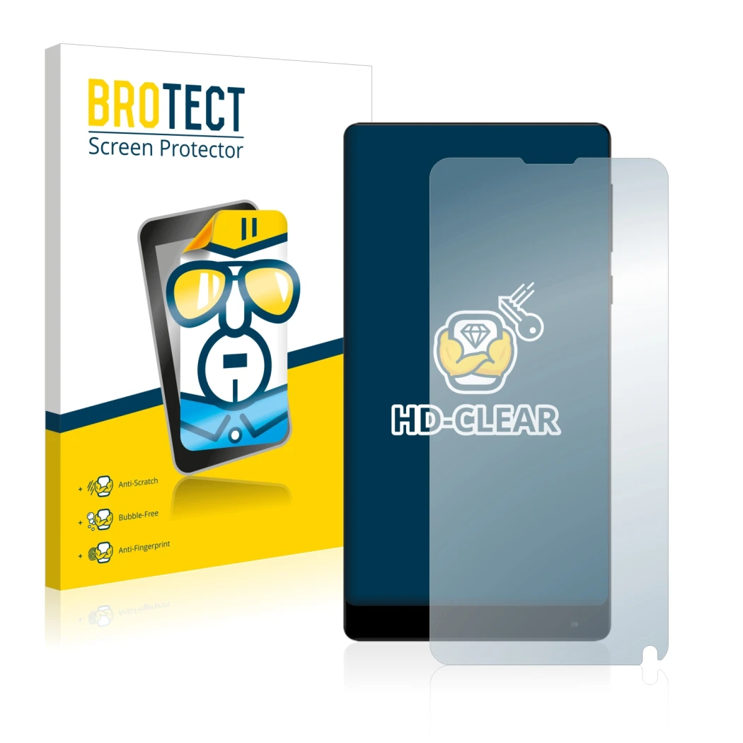 Parte frontale di una confezione del prodotto con il logo del marchio BROTECT. Accanto è raffigurato il dispositivo Xiaomi Mi 