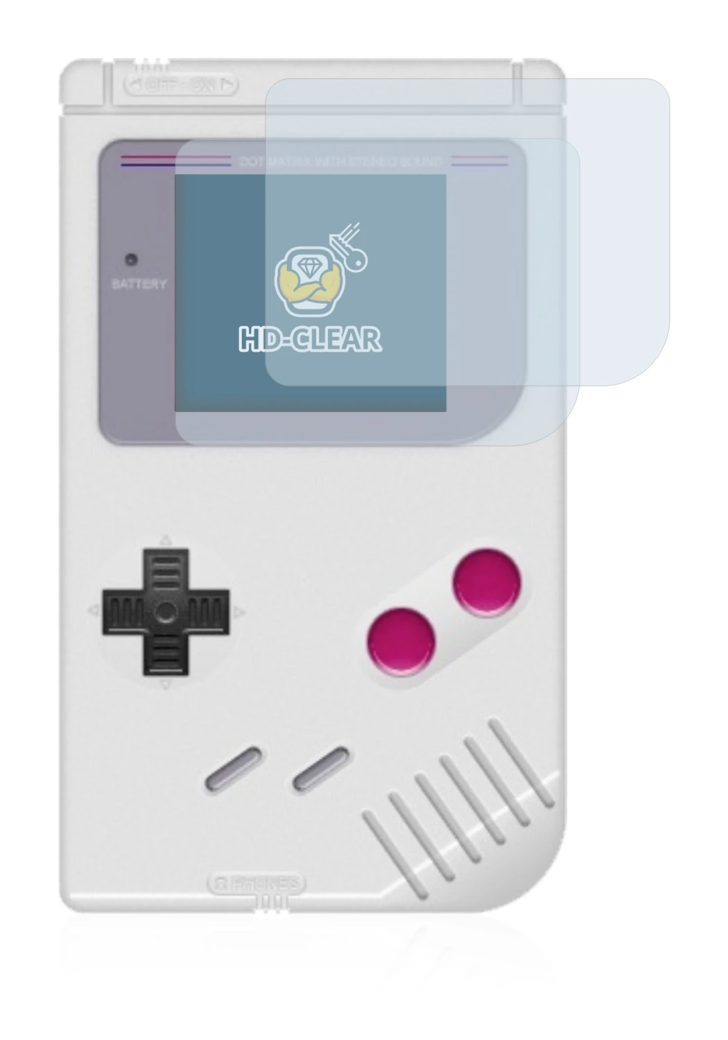 Immagine del dispositivo Nintendo Gameboy (1989) con un'ampia varietà di protezioni per lo schermo.