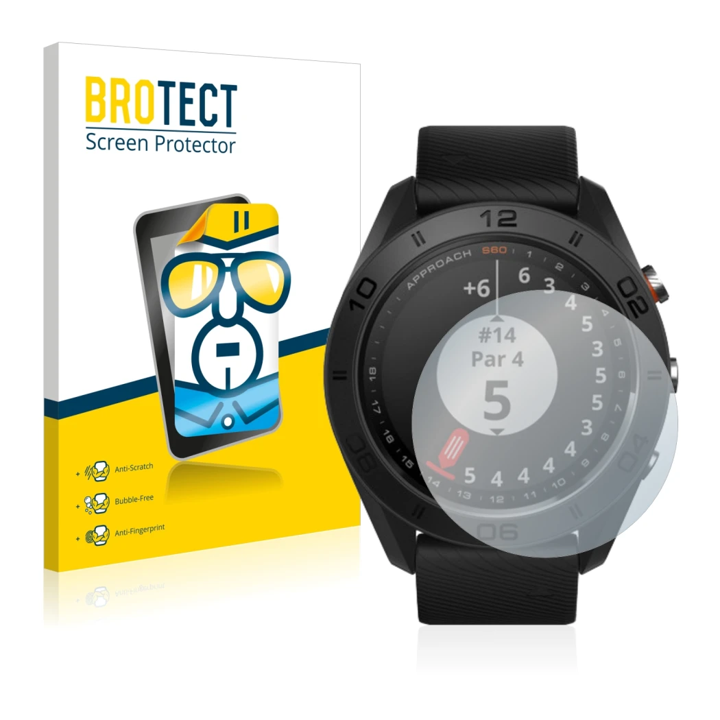 Parte frontale di una confezione del prodotto con il logo del marchio BROTECT. Accanto è raffigurato il dispositivo Garmin App