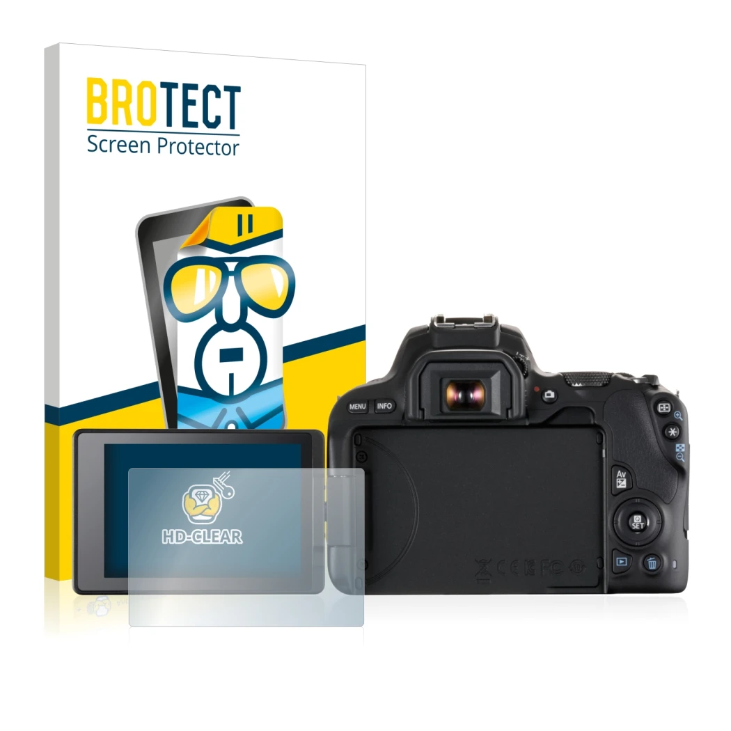 Parte frontale di una confezione del prodotto con il logo del marchio BROTECT. Accanto è raffigurato il dispositivo Canon EOS