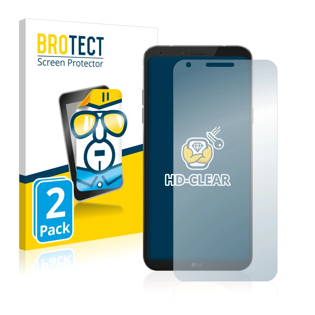 Parte frontale di una confezione del prodotto con il logo del marchio BROTECT. Accanto è raffigurato il dispositivo LG Q6 con 
