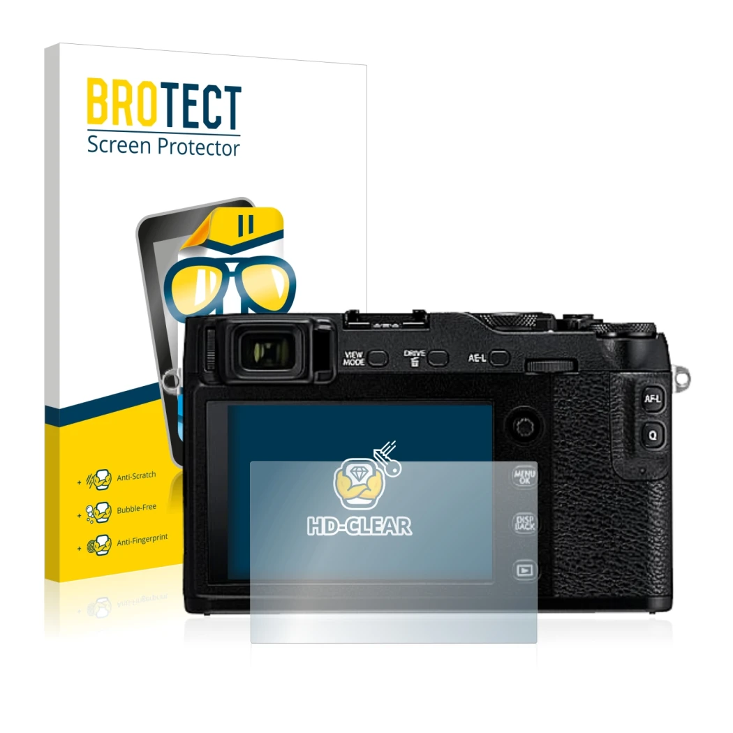 Parte frontale di una confezione del prodotto con il logo del marchio BROTECT. Accanto è raffigurato il dispositivo Fujifilm X