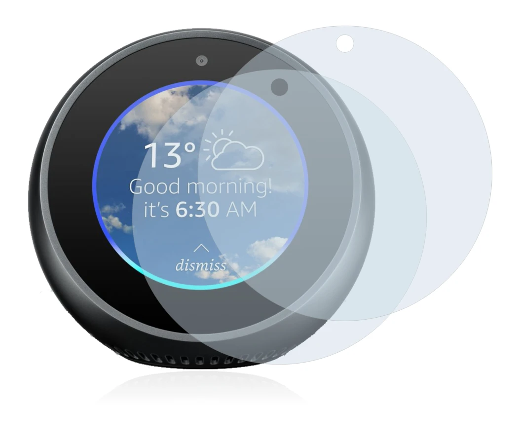 Immagine del dispositivo Amazon Echo Spot con un'ampia varietà di protezioni per lo schermo.
