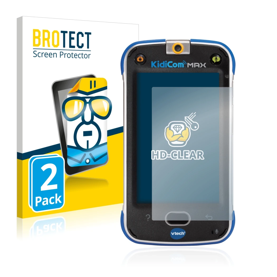 Parte frontale di una confezione del prodotto con il logo del marchio BROTECT. Accanto è raffigurato il dispositivo Vtech Kidi