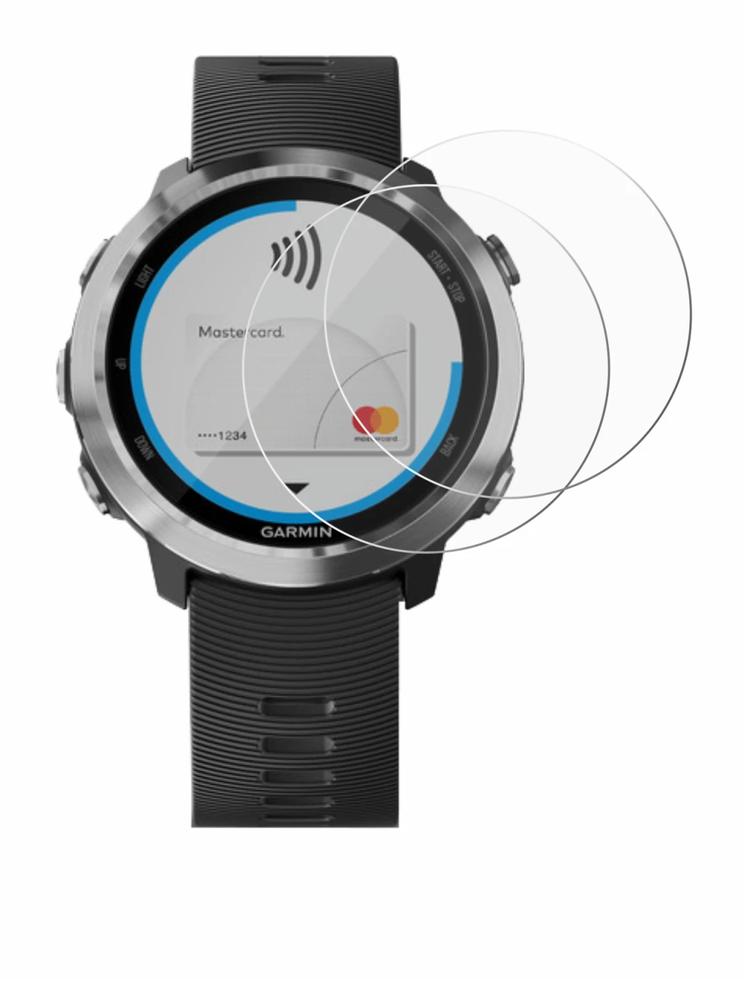 Immagine del dispositivo Garmin Forerunner 645 con un'ampia varietà di protezioni per lo schermo.