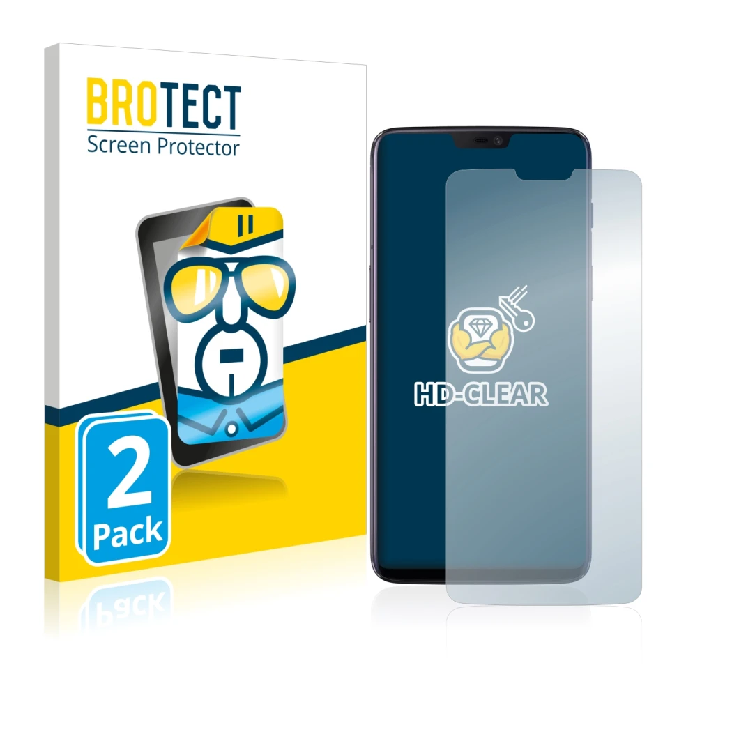Parte frontale di una confezione del prodotto con il logo del marchio BROTECT. Accanto è raffigurato il dispositivo OnePlus 6 