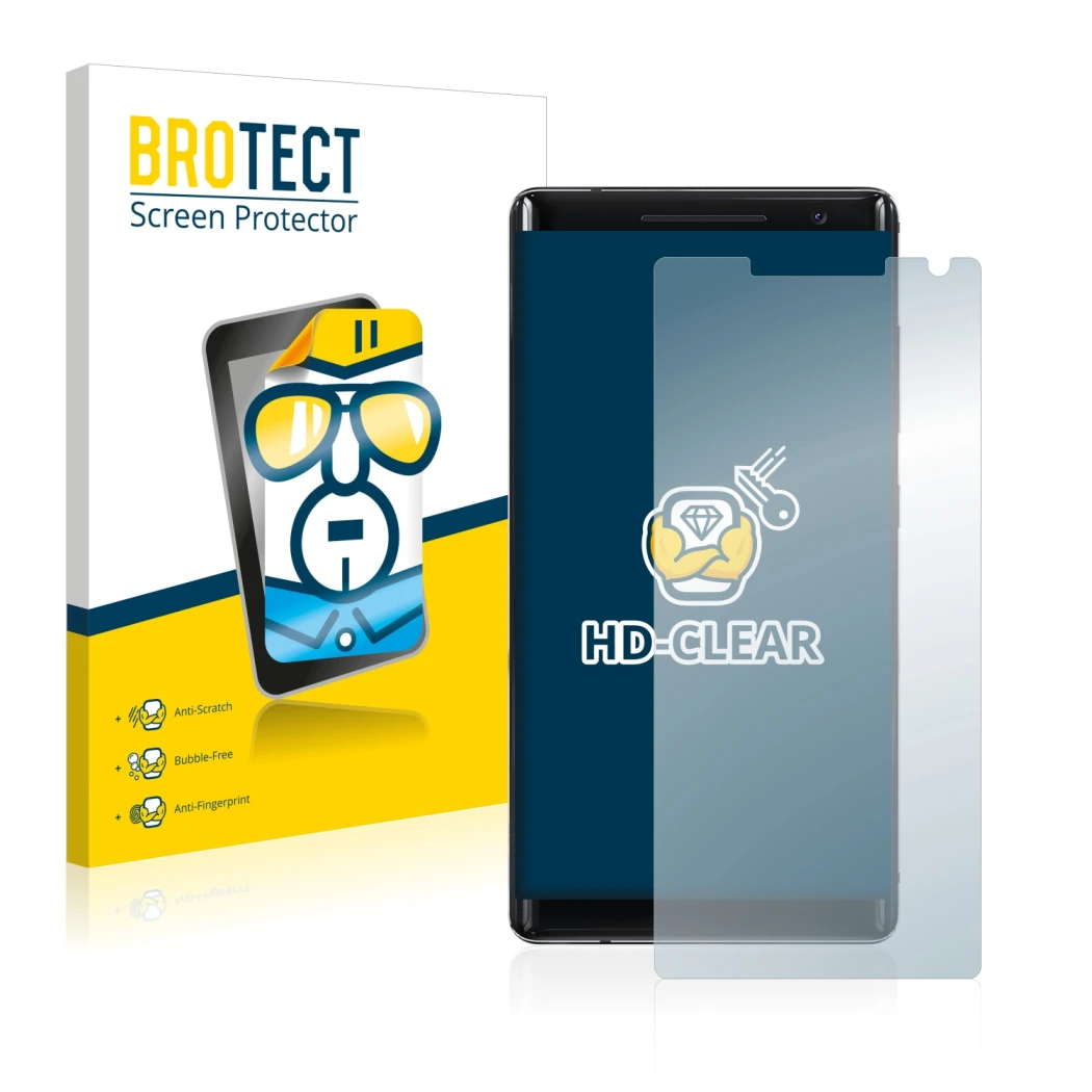 Parte frontale di una confezione del prodotto con il logo del marchio BROTECT. Accanto è raffigurato il dispositivo Nokia 8 Si