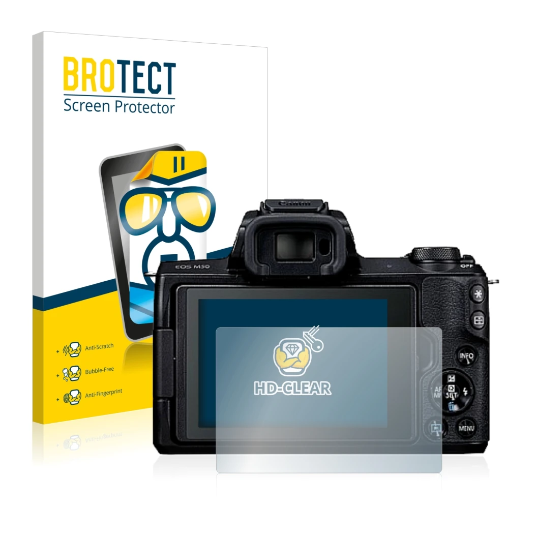 Parte frontale di una confezione del prodotto con il logo del marchio BROTECT. Accanto è raffigurato il dispositivo Canon EOS 