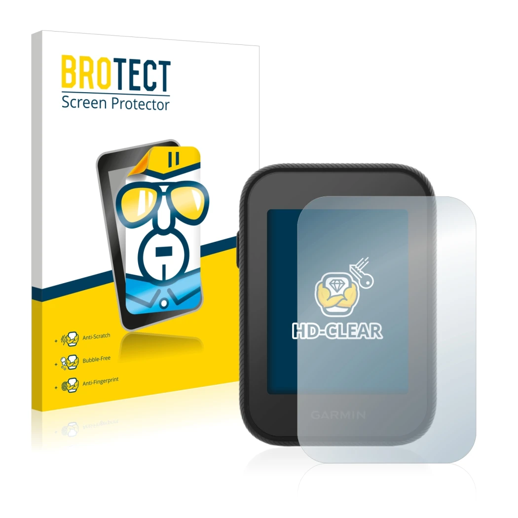 Parte frontale di una confezione del prodotto con il logo del marchio BROTECT. Accanto è raffigurato il dispositivo Garmin App