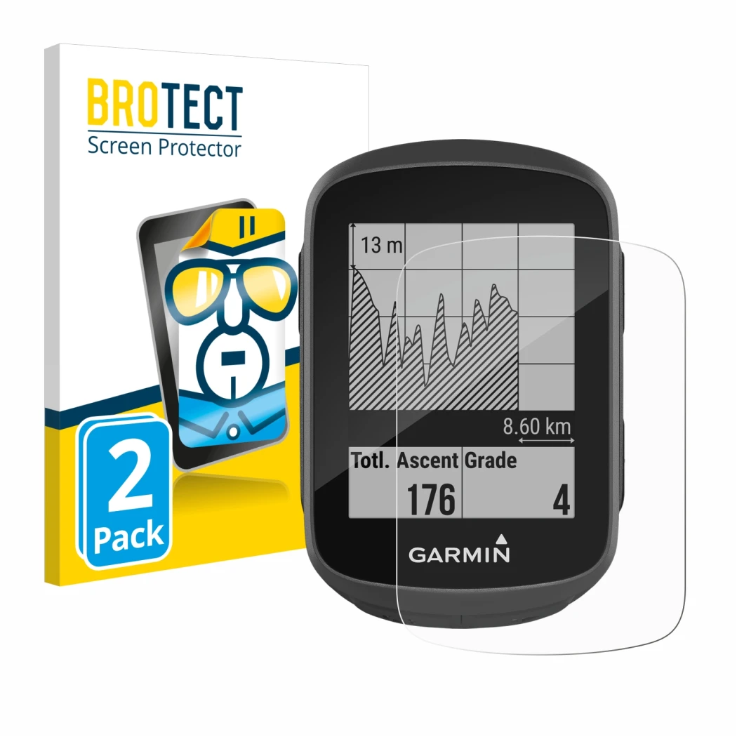 Parte frontale di una confezione del prodotto con il logo del marchio BROTECT. Accanto è raffigurato il dispositivo Garmin Edg
