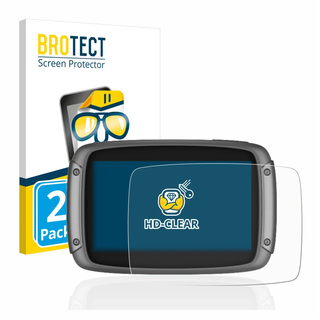Parte frontale di una confezione del prodotto con il logo del marchio BROTECT. Accanto è raffigurato il dispositivo TomTom Rid