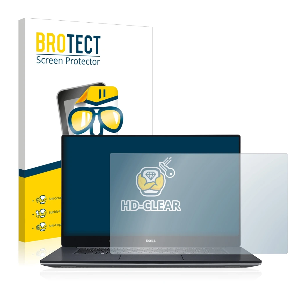 Parte frontale di una confezione del prodotto con il logo del marchio BROTECT. Accanto è raffigurato il dispositivo Dell XPS 1