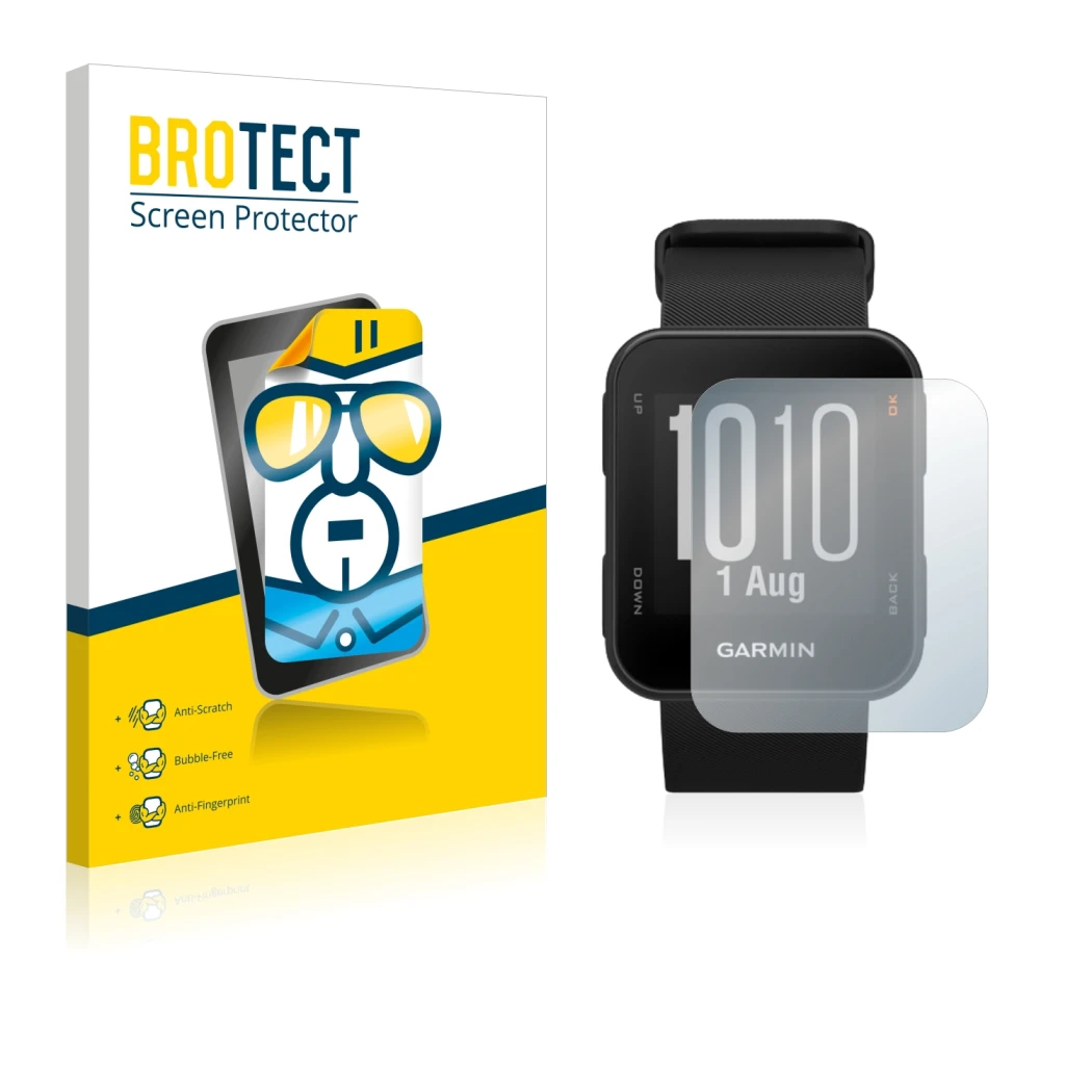 Parte frontale di una confezione del prodotto con il logo del marchio BROTECT. Accanto è raffigurato il dispositivo Garmin App