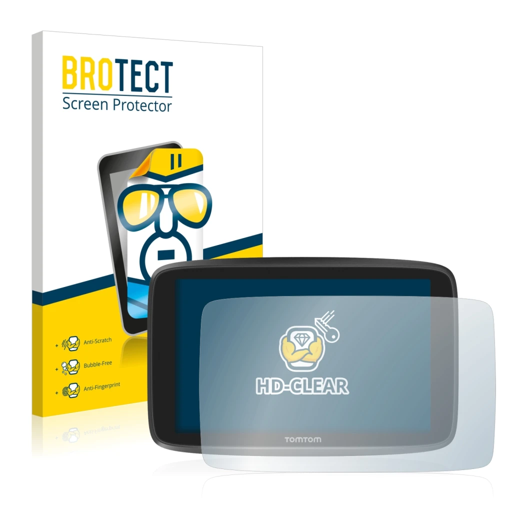 Parte frontale di una confezione del prodotto con il logo del marchio BROTECT. Accanto è raffigurato il dispositivo TomTom GO 