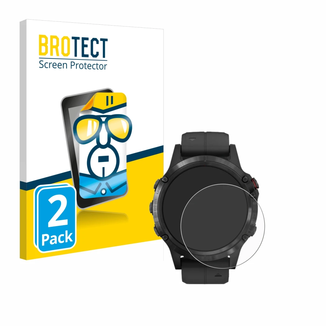 Parte frontale di una confezione del prodotto con il logo del marchio BROTECT. Accanto è raffigurato il dispositivo Garmin Fen