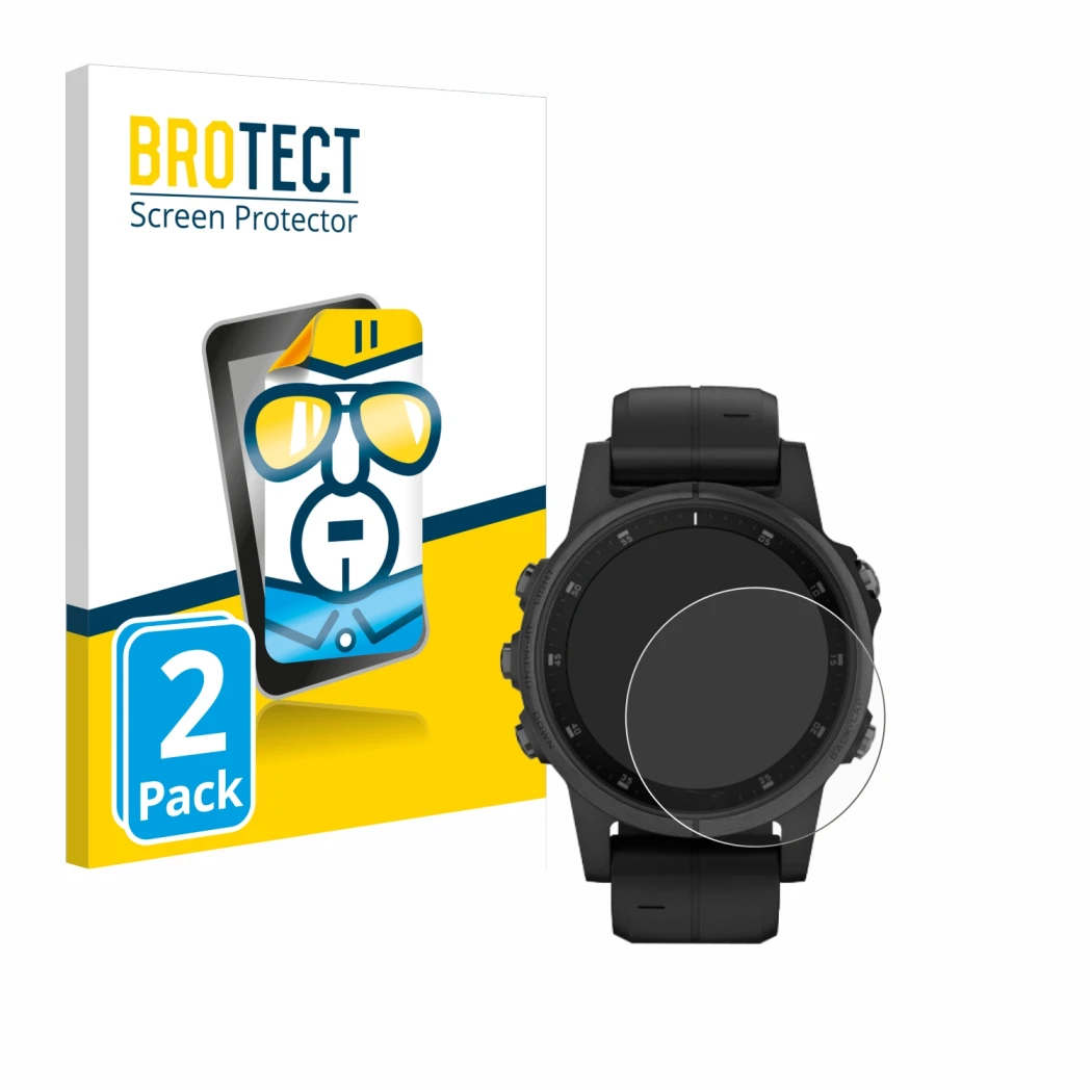 Parte frontale di una confezione del prodotto con il logo del marchio BROTECT. Accanto è raffigurato il dispositivo Garmin Fen