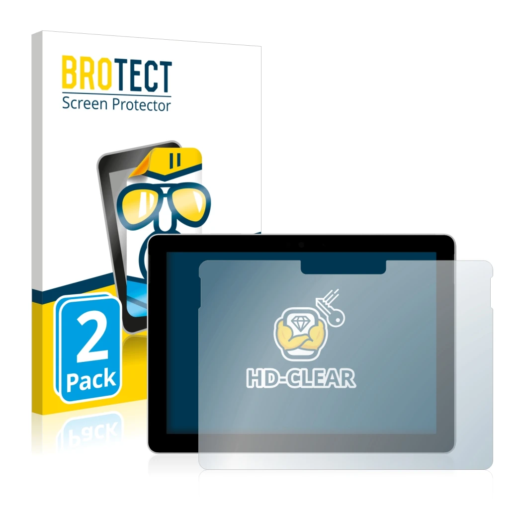 Parte frontale di una confezione del prodotto con il logo del marchio BROTECT. Accanto è raffigurato il dispositivo Microsoft 