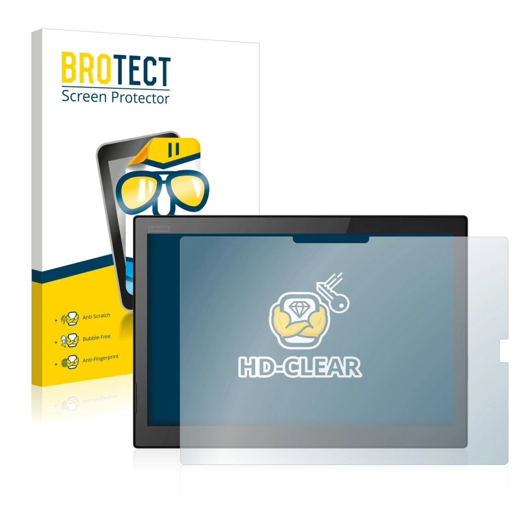 Parte frontale di una confezione del prodotto con il logo del marchio BROTECT. Accanto è raffigurato il dispositivo Lenovo Thi