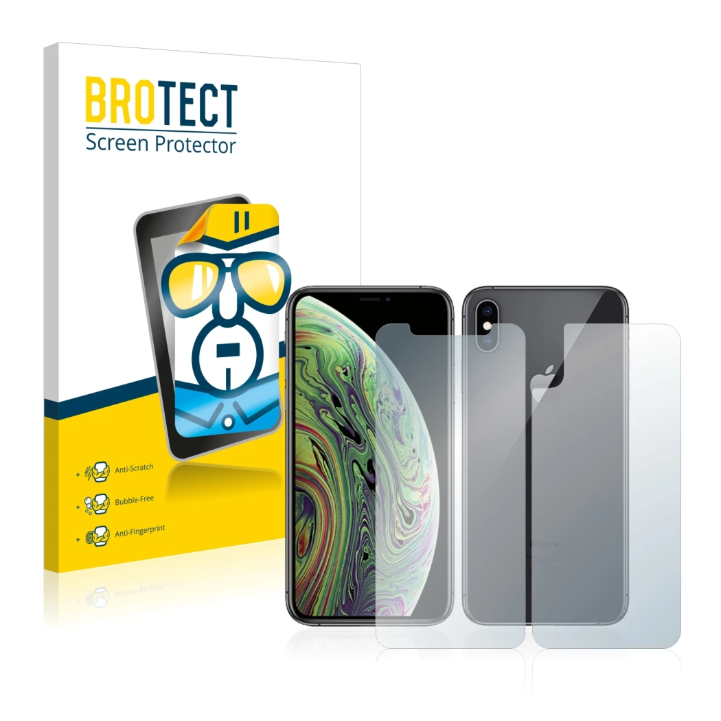 Parte frontale di una confezione del prodotto con il logo del marchio BROTECT. Accanto è raffigurato il dispositivo Apple iPho