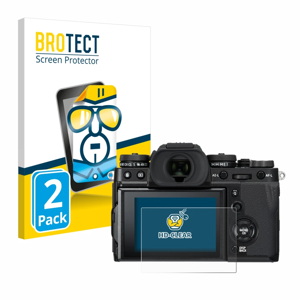 Parte frontale di una confezione del prodotto con il logo del marchio BROTECT. Accanto è raffigurato il dispositivo Fujifilm X