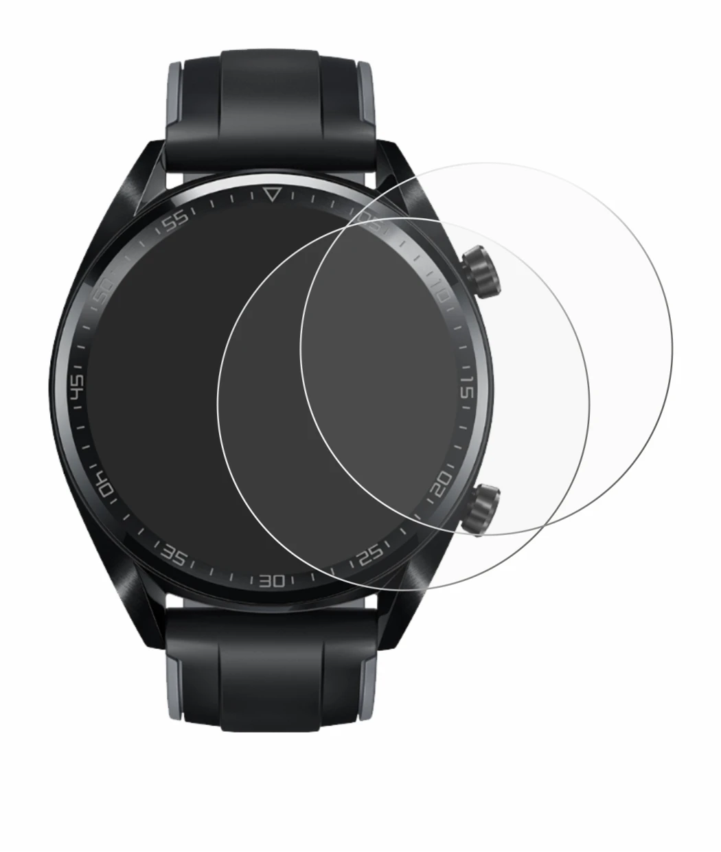 Immagine del dispositivo Huawei Watch GT (46 mm) 2018 con un'ampia varietà di protezioni per lo schermo.