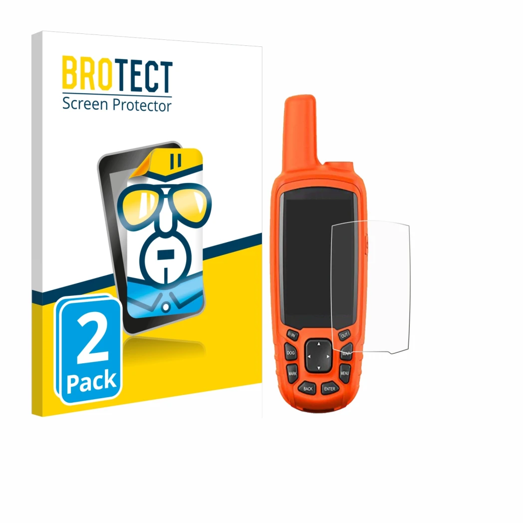 Parte frontale di una confezione del prodotto con il logo del marchio BROTECT. Accanto è raffigurato il dispositivo Garmin Ast