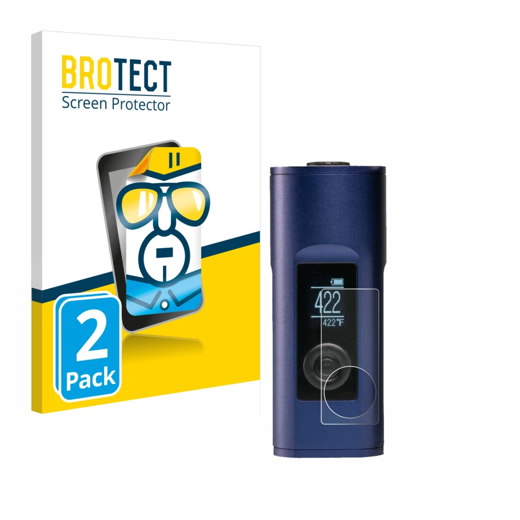 Parte frontale di una confezione del prodotto con il logo del marchio BROTECT. Accanto è raffigurato il dispositivo Arizer Sol