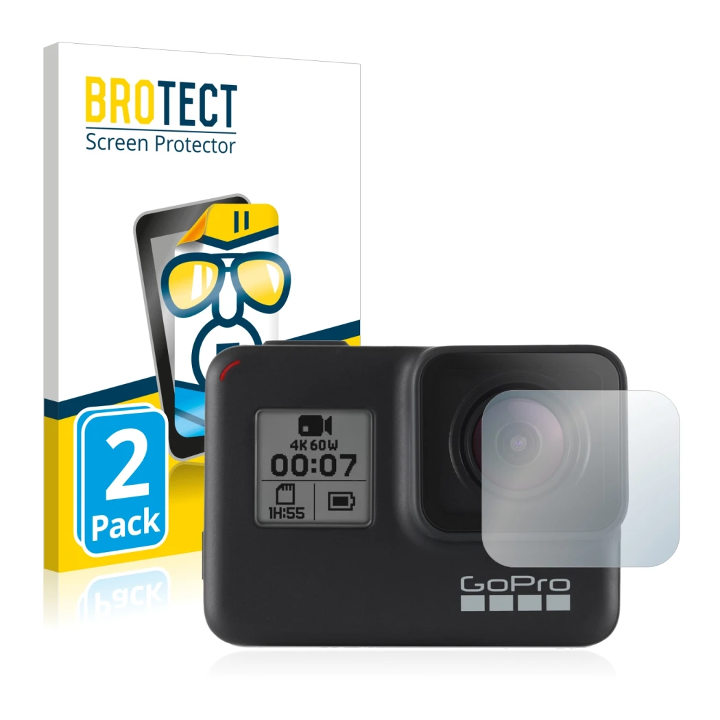 Parte frontale di una confezione del prodotto con il logo del marchio BROTECT. Accanto è raffigurato il dispositivo GoPro Hero