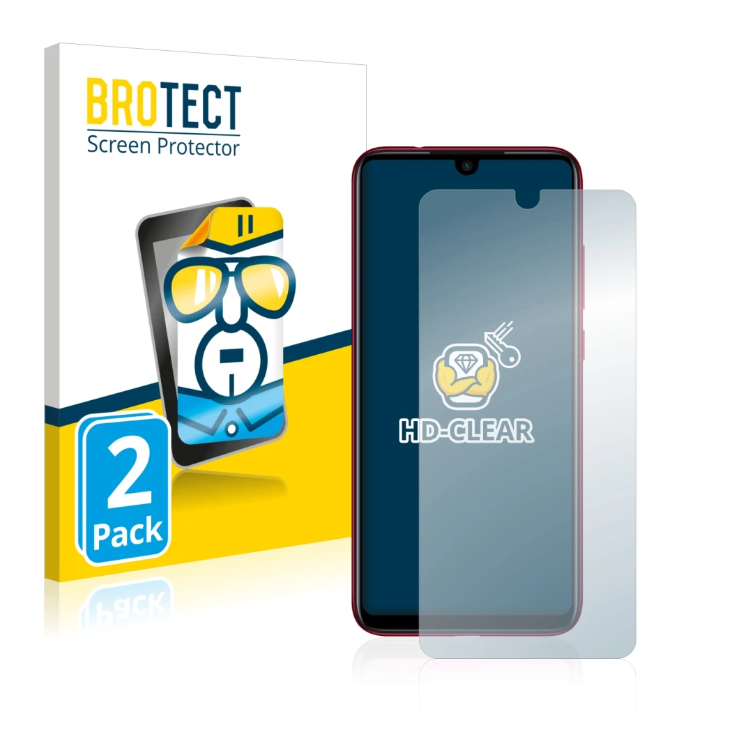 Parte frontale di una confezione del prodotto con il logo del marchio BROTECT. Accanto è raffigurato il dispositivo Xiaomi Red