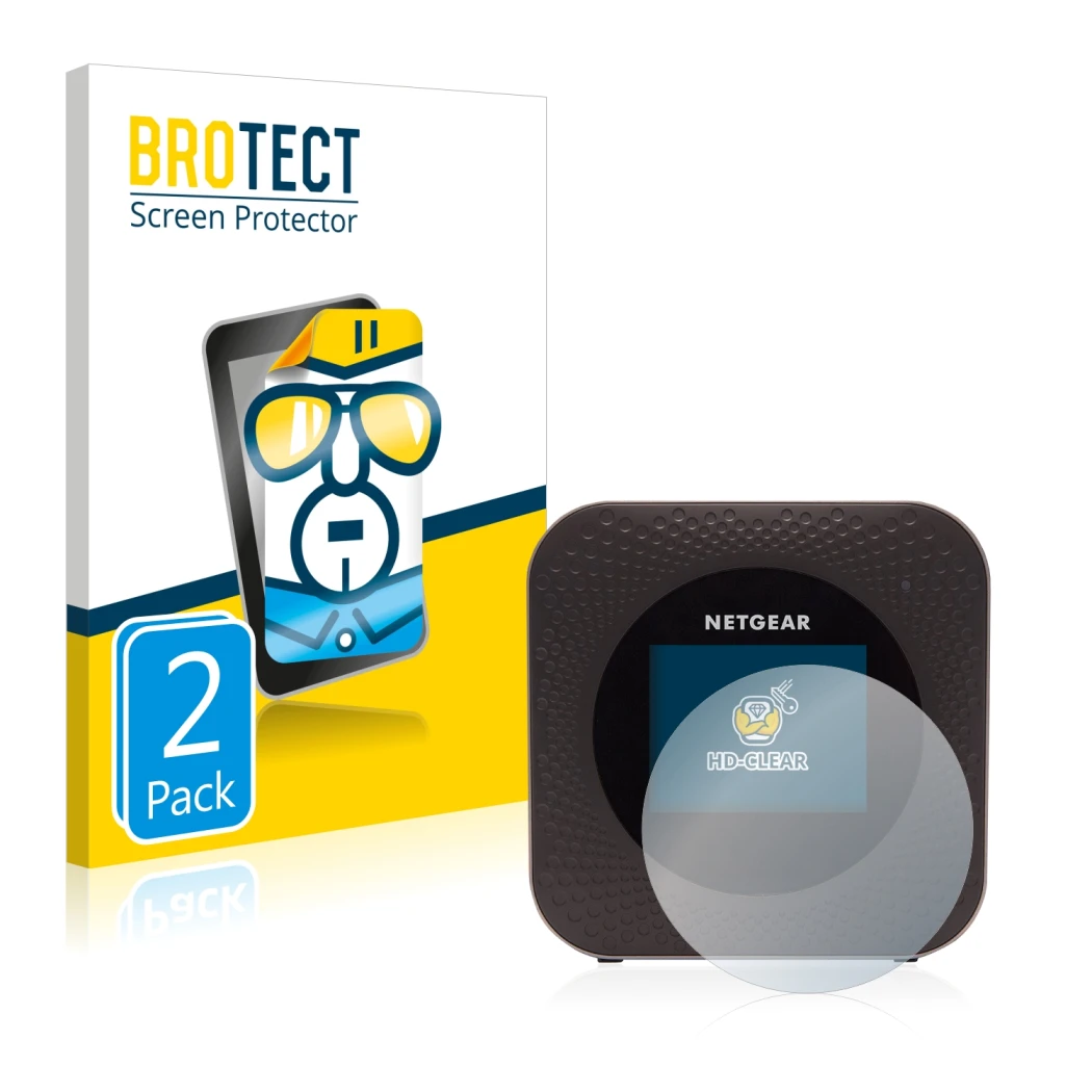 Parte frontale di una confezione del prodotto con il logo del marchio BROTECT. Accanto è raffigurato il dispositivo Netgear Ni