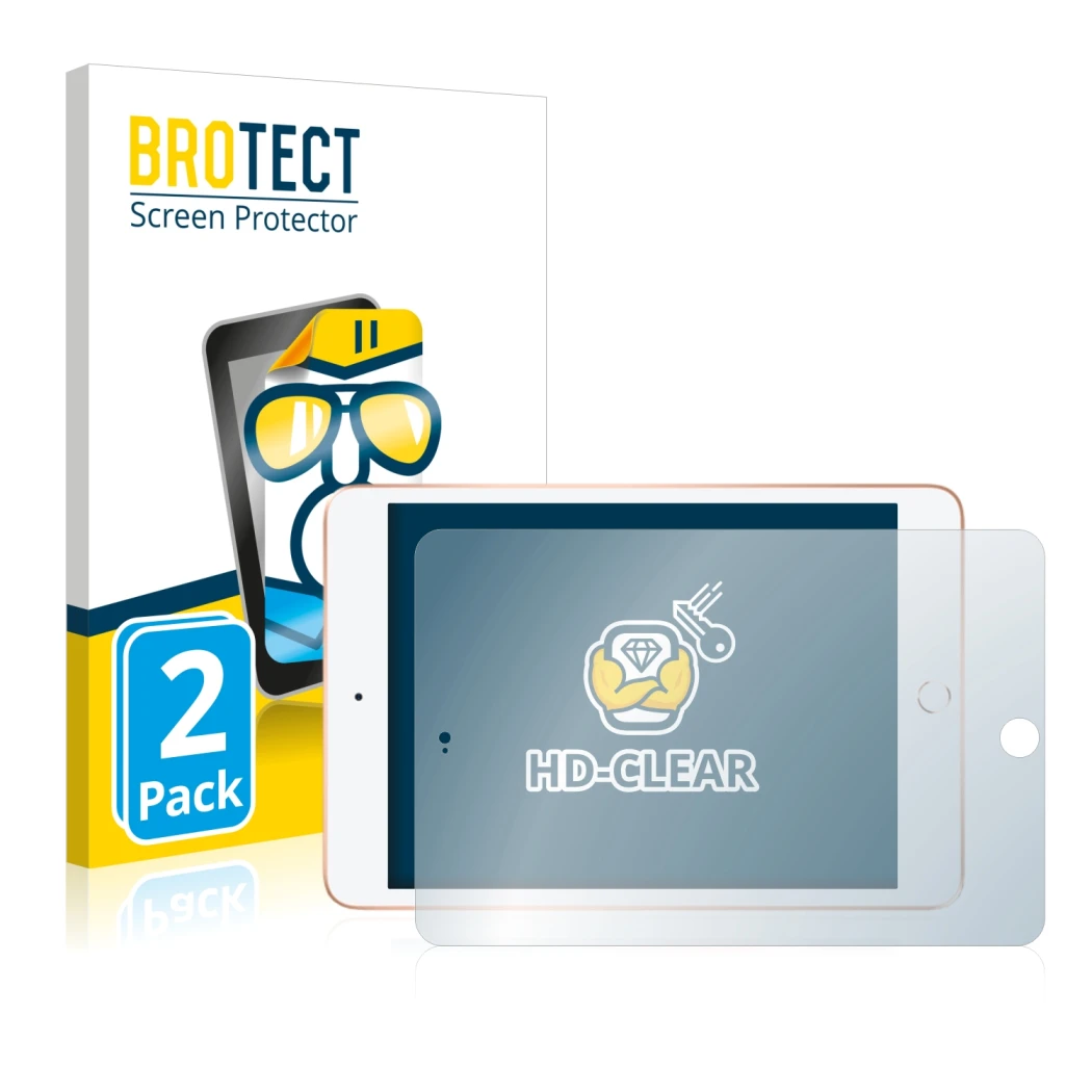 Parte frontale di una confezione del prodotto con il logo del marchio BROTECT. Accanto è raffigurato il dispositivo Apple iPad