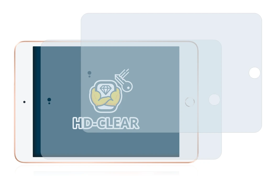 Immagine del dispositivo Apple iPad Mini 5 2019 (in formato orizzontale, 5a Gen.) con un'ampia varietà di protezioni per lo sc