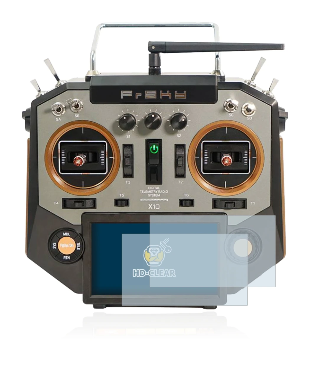 Immagine del dispositivo FrSky Horus X10 con un'ampia varietà di protezioni per lo schermo.