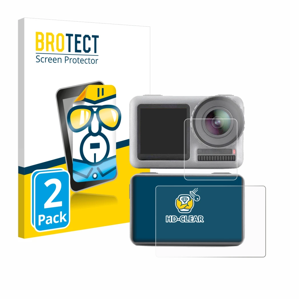 Parte frontale di una confezione del prodotto con il logo del marchio BROTECT. Accanto è raffigurato il dispositivo DJI Osmo A