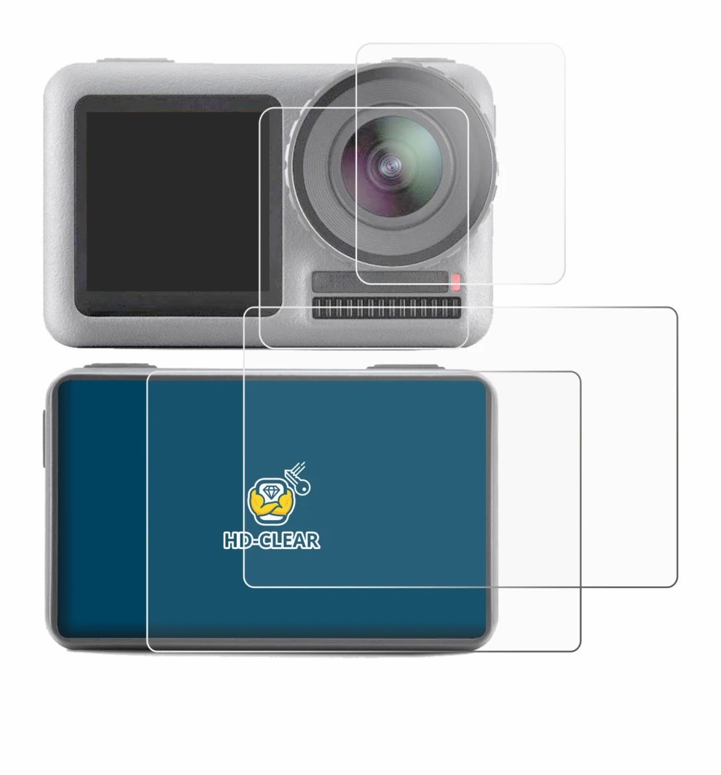Immagine del dispositivo DJI Osmo Action con un'ampia varietà di protezioni per lo schermo.