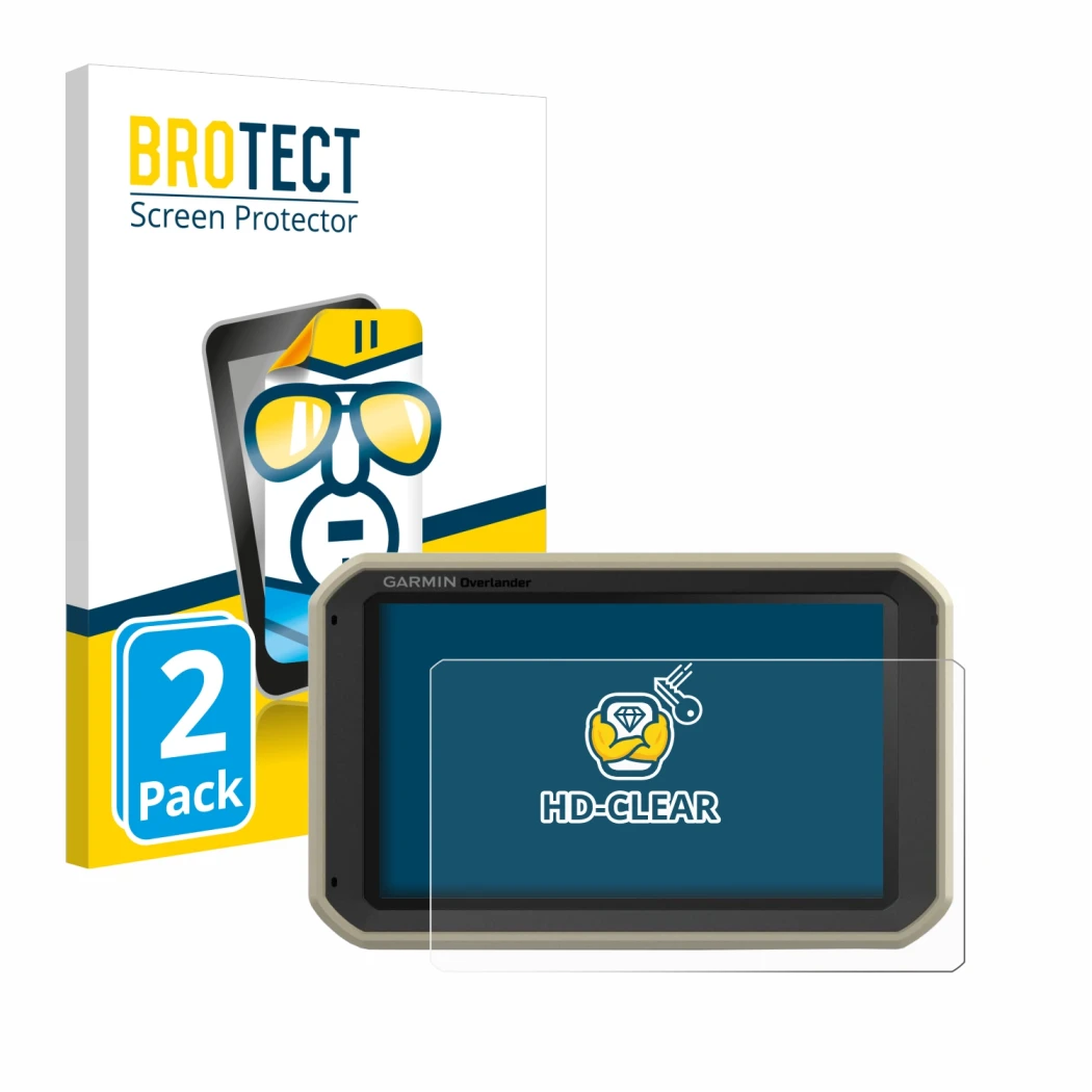 Parte frontale di una confezione del prodotto con il logo del marchio BROTECT. Accanto è raffigurato il dispositivo Garmin Ove