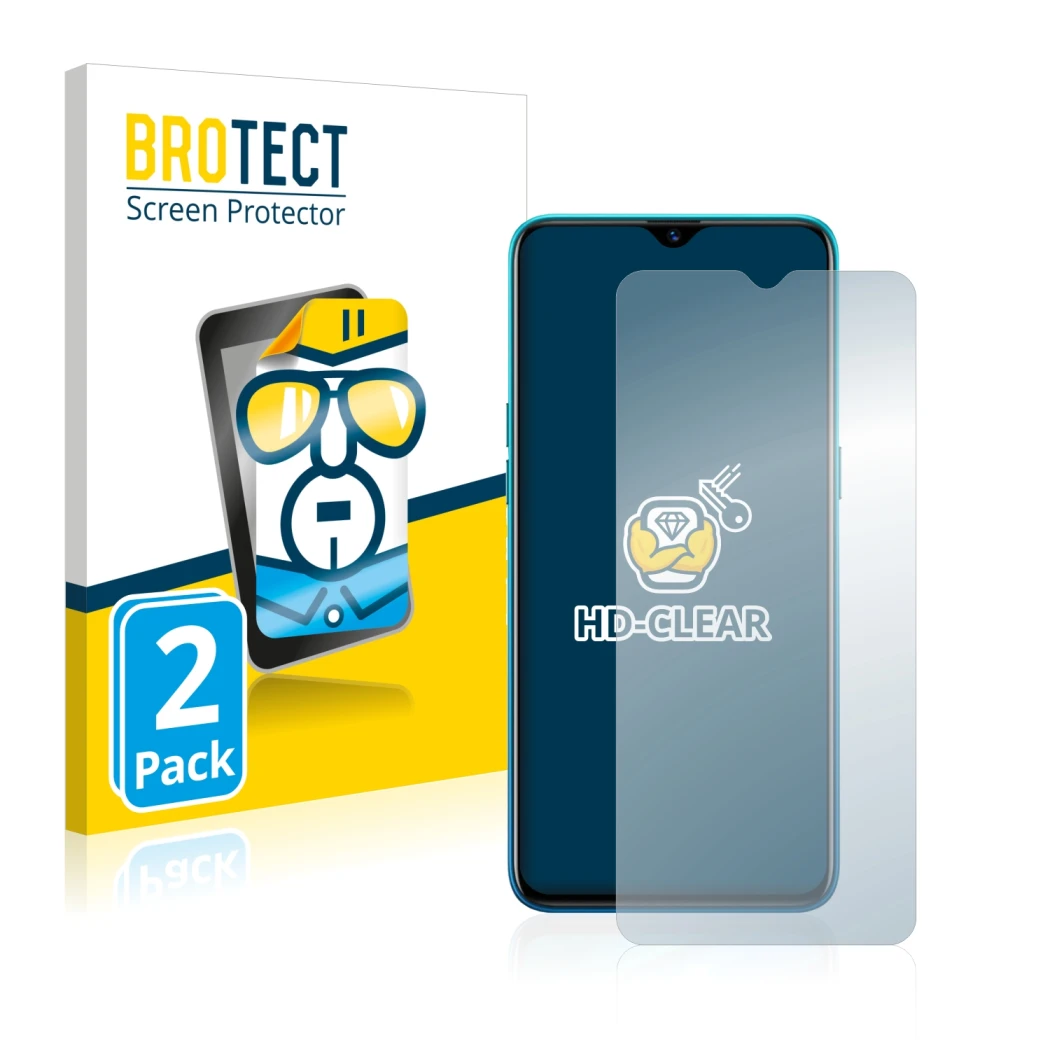 Parte frontale di una confezione del prodotto con il logo del marchio BROTECT. Accanto è raffigurato il dispositivo realme 5 P
