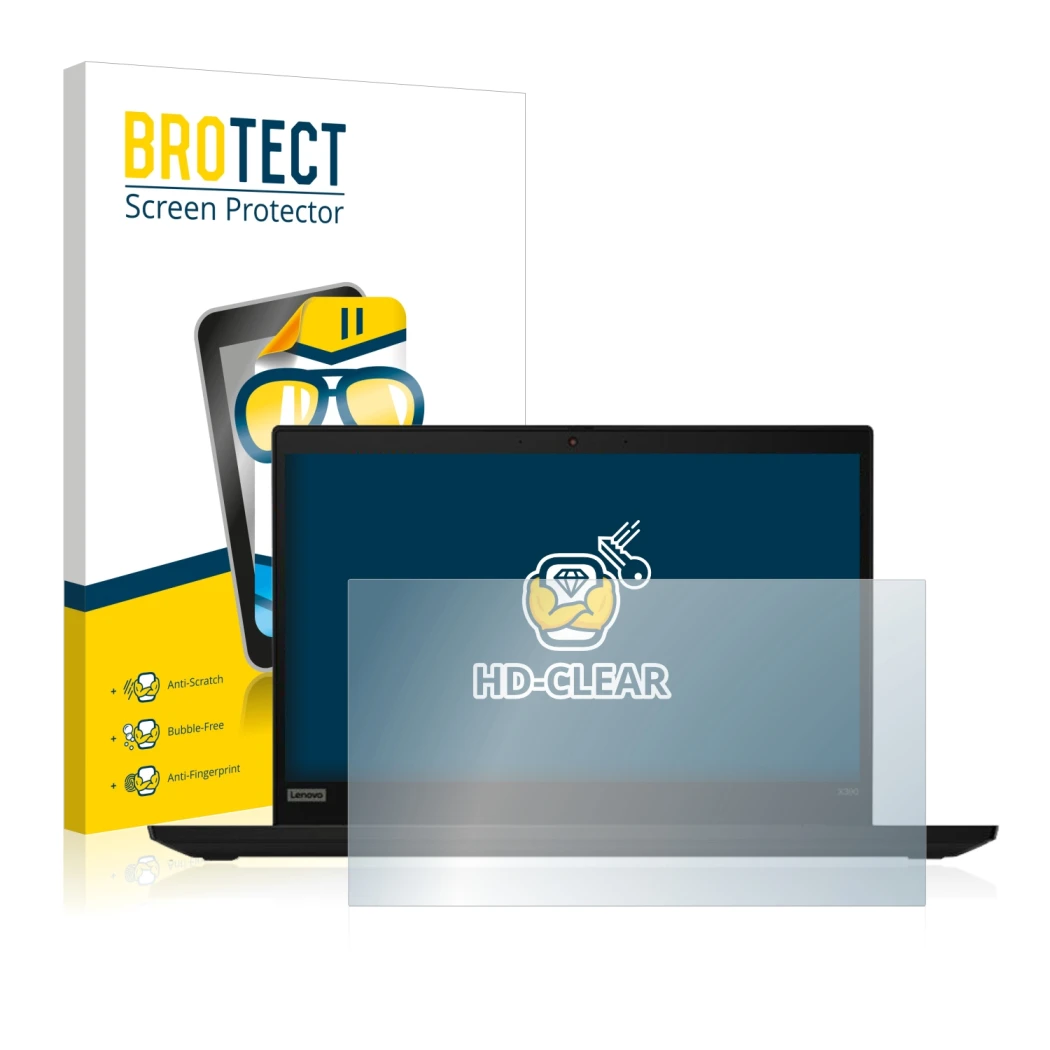 Parte frontale di una confezione del prodotto con il logo del marchio BROTECT. Accanto è raffigurato il dispositivo Lenovo Thi