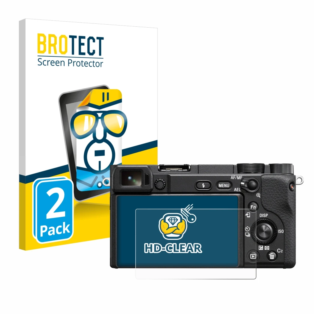 Parte frontale di una confezione del prodotto con il logo del marchio BROTECT. Accanto è raffigurato il dispositivo Sony Alpha