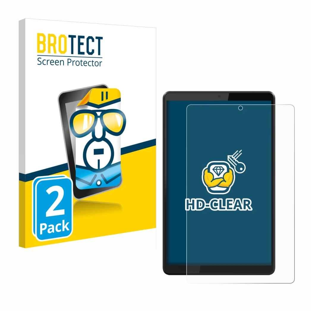 Parte frontale di una confezione del prodotto con il logo del marchio BROTECT. Accanto è raffigurato il dispositivo Lenovo Tab