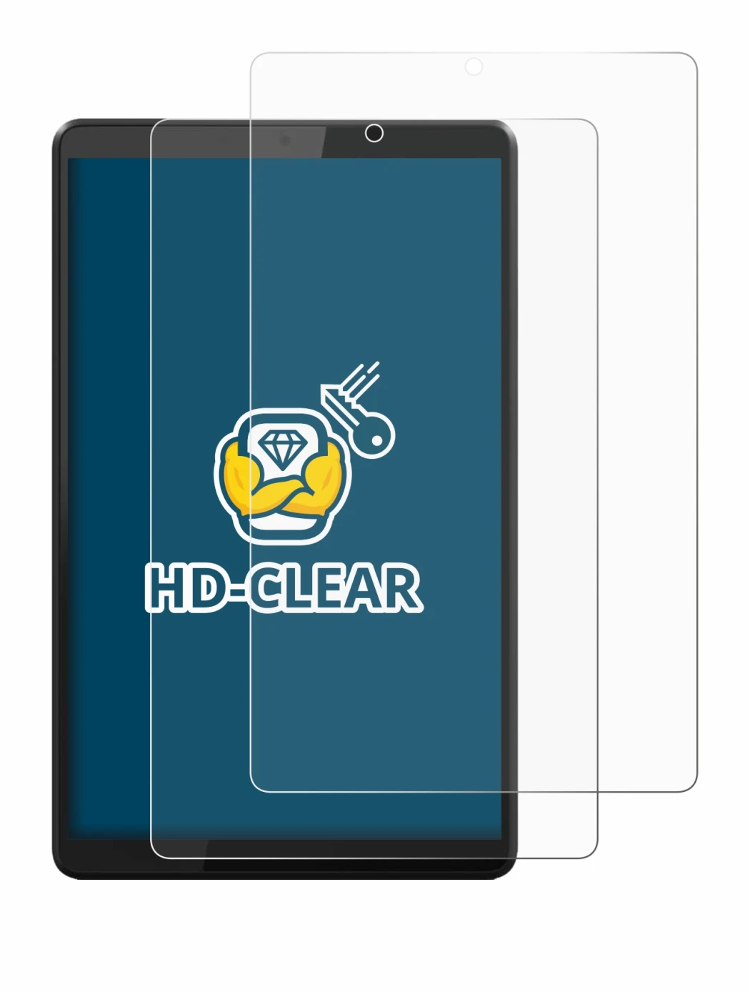 Immagine del dispositivo Lenovo Tab M8 con un'ampia varietà di protezioni per lo schermo.