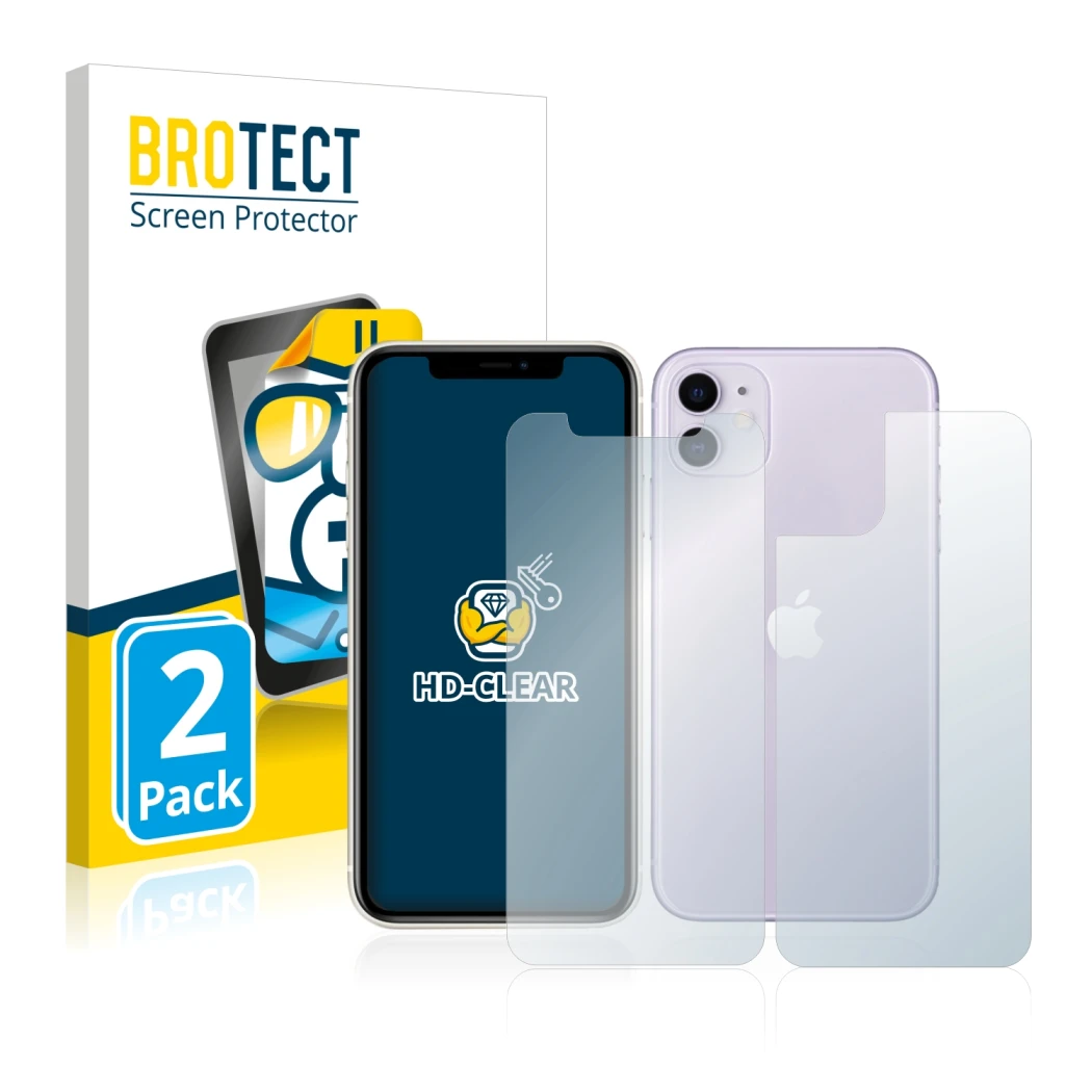 Parte frontale di una confezione del prodotto con il logo del marchio BROTECT. Accanto è raffigurato il dispositivo Apple iPho