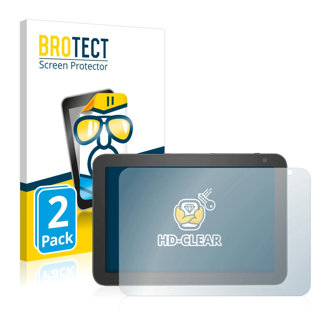 Parte frontale di una confezione del prodotto con il logo del marchio BROTECT. Accanto è raffigurato il dispositivo Amazon Ech