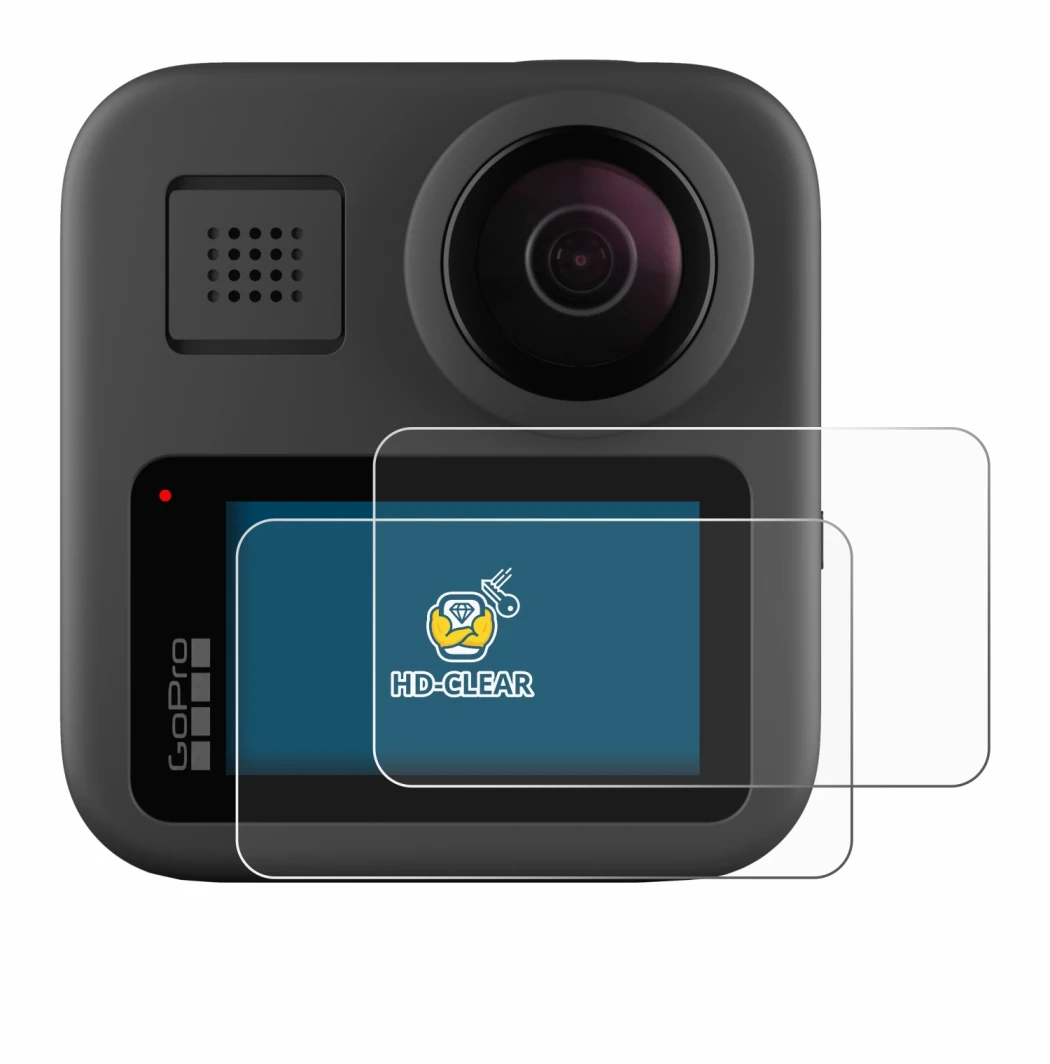 Immagine del dispositivo GoPro Max con un'ampia varietà di protezioni per lo schermo.